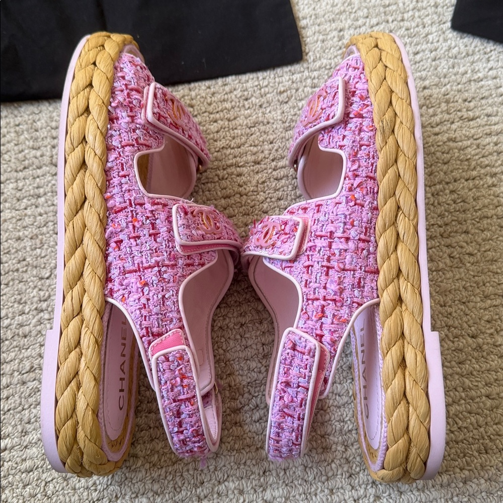 CHANEL Pink Tweed Interlocking CC Logo Espadrille Dad Sandals Size 41 - Picture 9 of 10